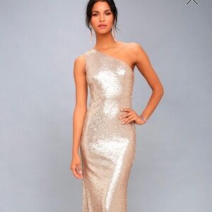 Lulus Rose Gold Sequin One-Shoulder Maxi Dress
